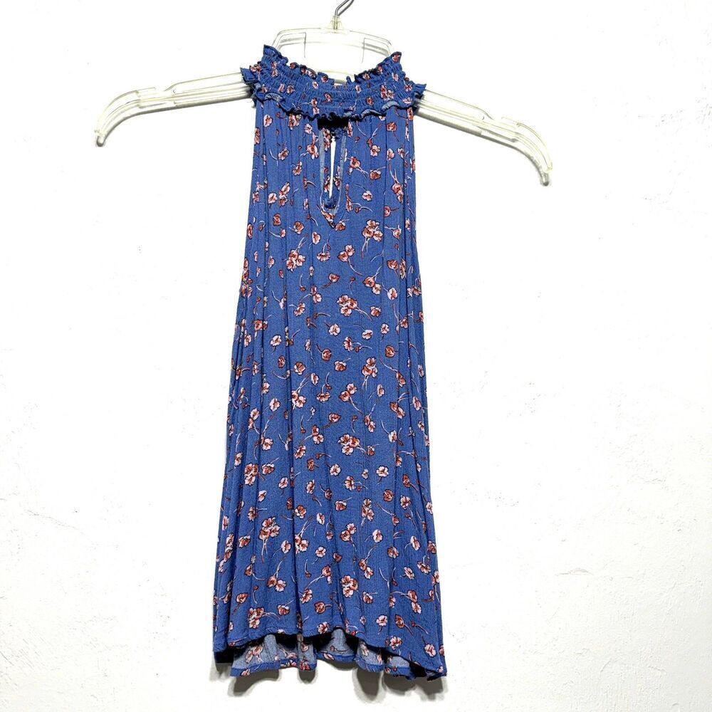 Dizzy Gal Blouse Blue Floral High Neck Tank Top Loose Flowy Women sz Medium